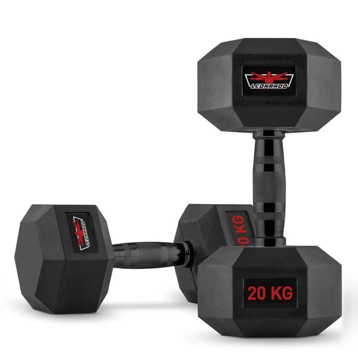 Set de 2 haltères hexagonaux crossfit en caoutchouc et acier 20 kg Goemon
