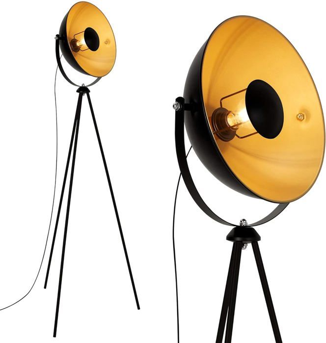 BRILONER Lampadaire Trépied Vintage Style Projecteur Cinéma - Noir Mat & Or - Hauteur 148 Cm
