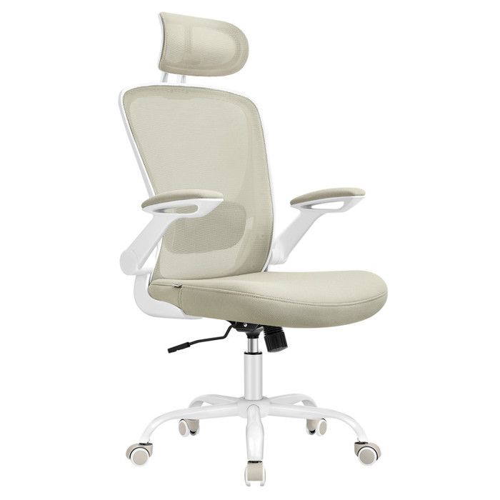 Chaise Bureau Ergonomique Tissu en Maille Support Lombaire Appui-tête Mécanisme à Bascule Accoudoirs Rabattables Beige