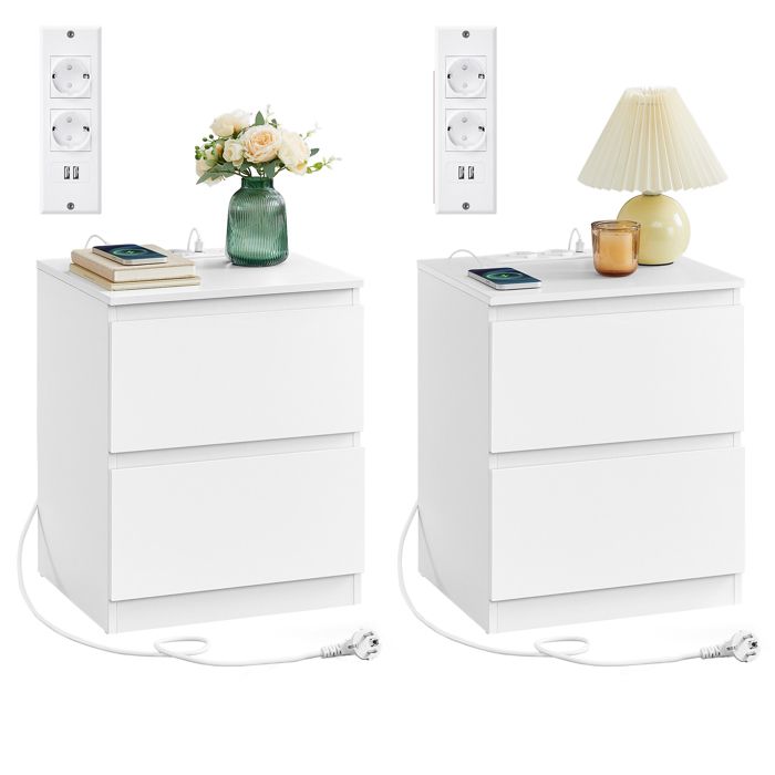 VASAGLE Lot de 2 Table de Chevet avec Multiprise Table dAppoint 2 Tiroirs 2 Prises CA 2 Ports USB-A Moderne Blanc Nuage