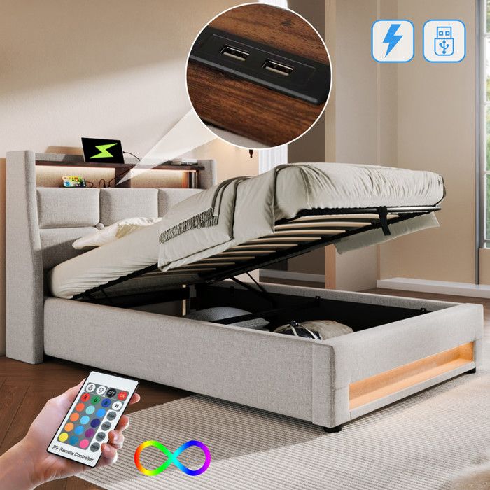 Lit simple rembourré 90 x 200 cm avec port USB Lit coffre LED avec sommier à lattes en métal Lit 1 Personne Cadre de lit en lin