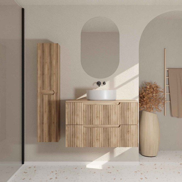 Meuble et colonne de Salle de Bains LEON 80cm Décor Bois - Façade Ondulée - Vasque Ronde 36cm