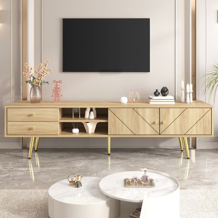 Meuble TV 160 cm avec pieds dorés meuble tv en bois avec deux tiroirs et portes au design unique couleur bois