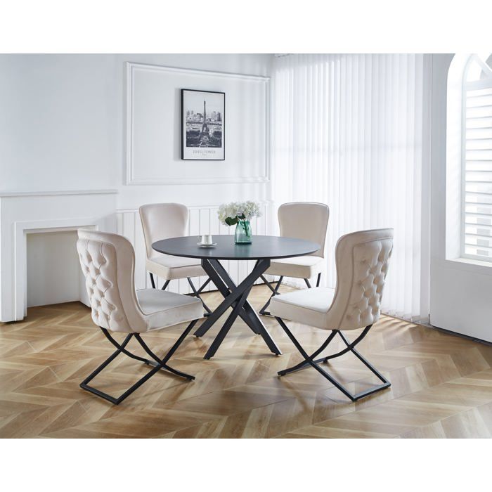 Lot 4 Chaises Salle à Manger Gabrielle Velours Beige Capitonné Pieds Métal Noir