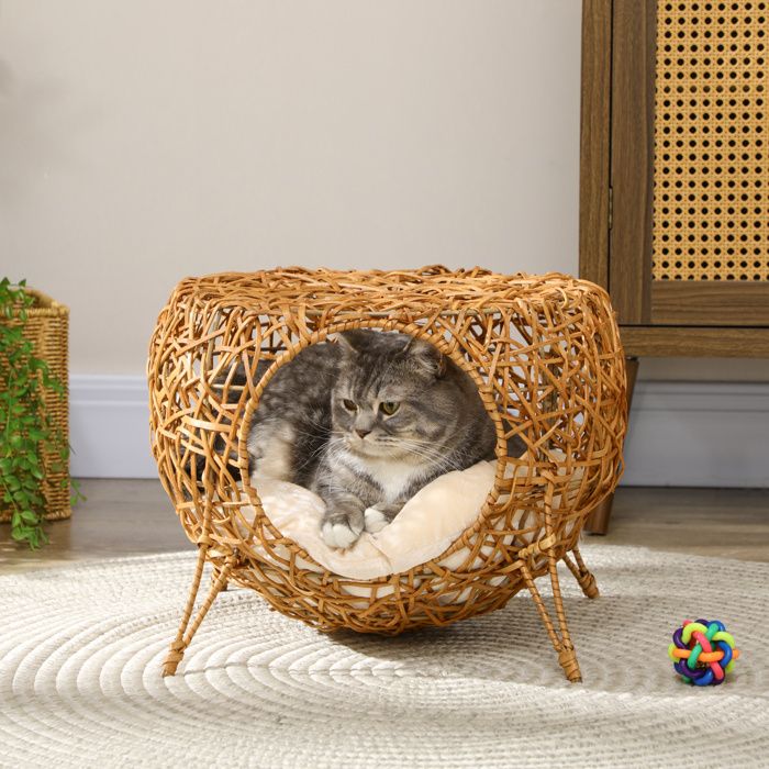 Niche Panier Rotin Coussin Épais Marron Clair Ø 40x32cm Style Naturel pour Chat