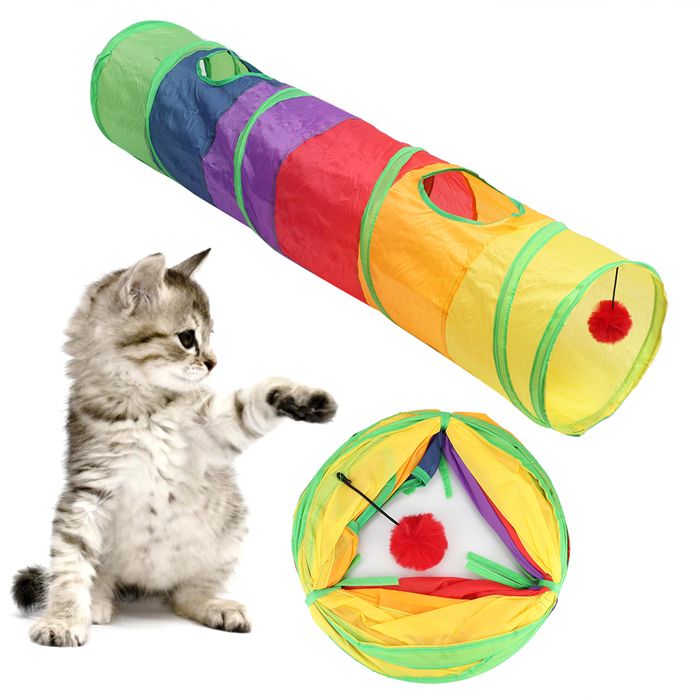 Tunnel pliable multicolore en polyester pour chat avec balle en peluche