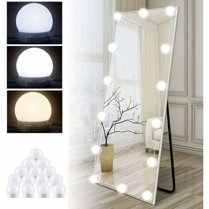 Lampe miroir LED Hollywood - PZCC - Kit 14 ampoules - câble réglable invisible - USB - 3 couleurs 10 niveaux