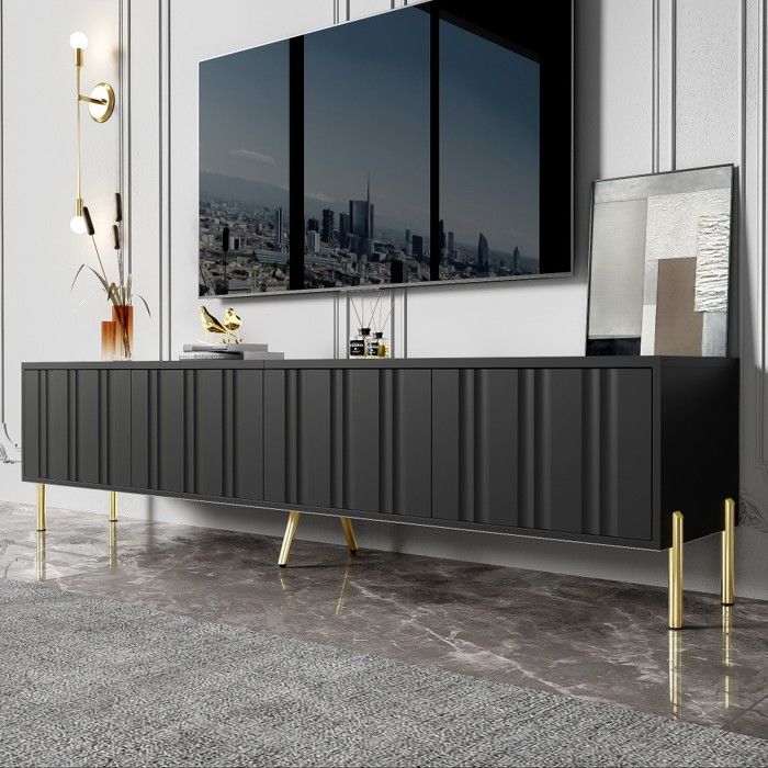 Meuble TV noir 190x38x48cm avec pieds dorés moderne console télé design pour salon Meuble TV noir 190x38x48cm avec pieds dorés moderne console télé design pour salon
