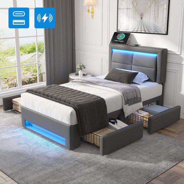 Lit coffre - 90 x 200 cm - Port USB-C & recharge sans fil - Éclairage LED 12 couleurs - 4 tiroirs