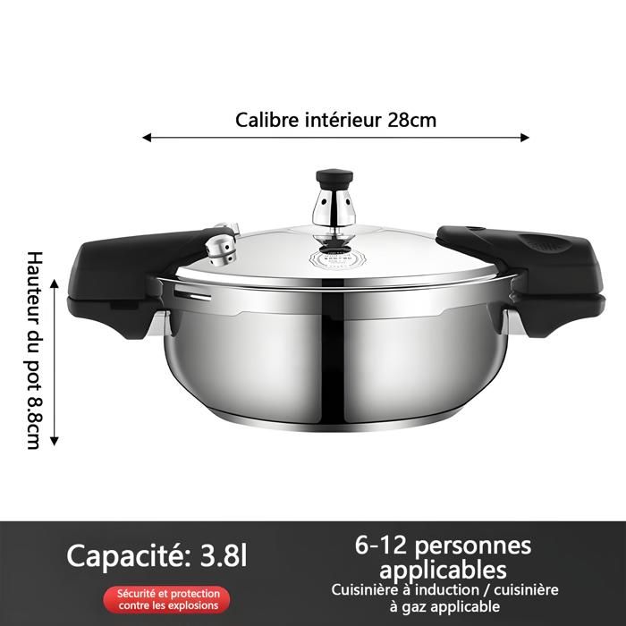 Autocuiseur 3.8L - Cocotte minute - inoxydable - Antidéflagrant - 28cm diamètre -Convient cuisinières à gazplaques à inductionetc