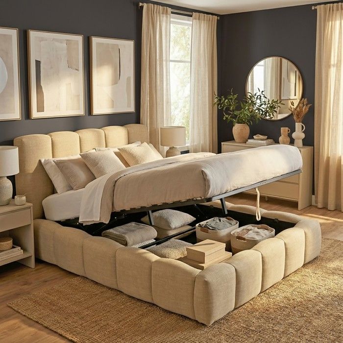 Lit coffre 140x190cm NEST + 1 sommier / Beige Lit coffre 140x190cm NEST + 1 sommier / Beige