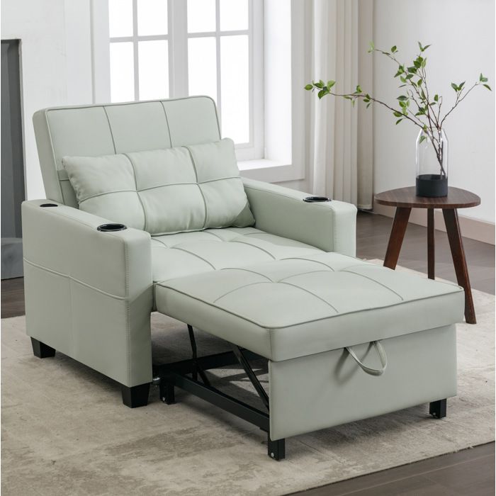 Fauteuil convertible 3-en-1. USB.Lit banquette 1 Place . gobelets et poche latérale. structure bois métal - vert clair