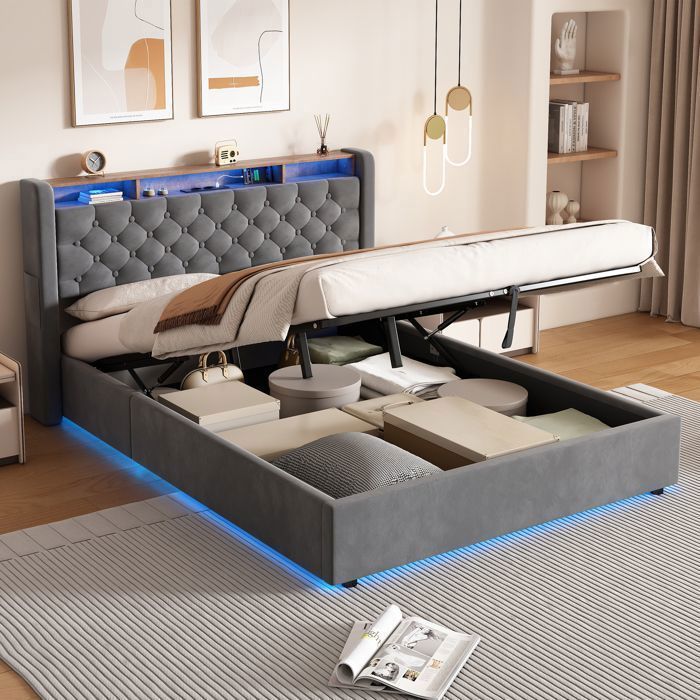 Lit rembourré 140 x 190 cm en velours gris avec LED et port USB confortable et élégant Maisentiel
