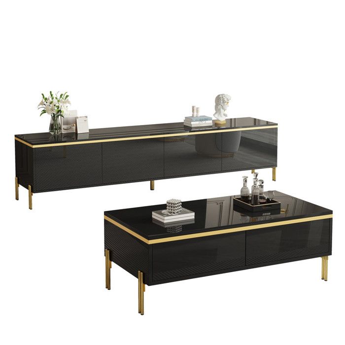 Ensemble meuble TV et table basse moderne style françai finition brillante de couleur unie bords dorés espace de rangement généreux