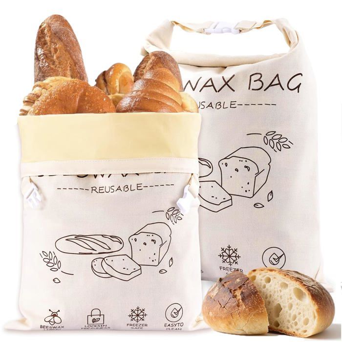 Sacs à pain à la cire dabeille - Cire dabeille naturelle et coton - Conservation optimale - Lot de 2 lin et coton biologique