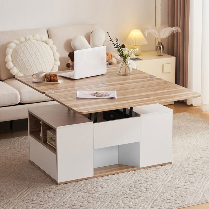 Table basse relevable blanche et bois avec rangements design 2-en-1