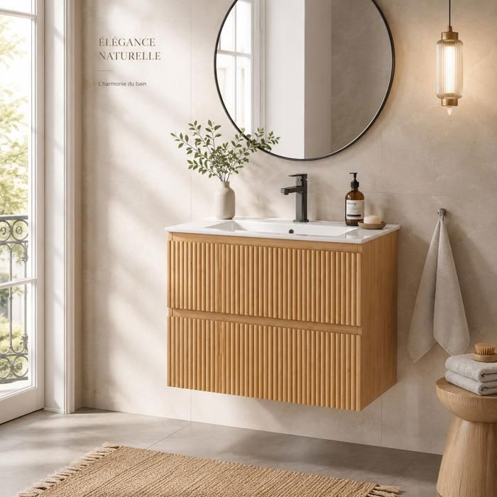Meuble de Salle de Bain - Avec Vasque 60 cm - 2 Tiroirs -Conception murale-Pour WC Invités et Petites Salles deau-52x61x46cm-Brun