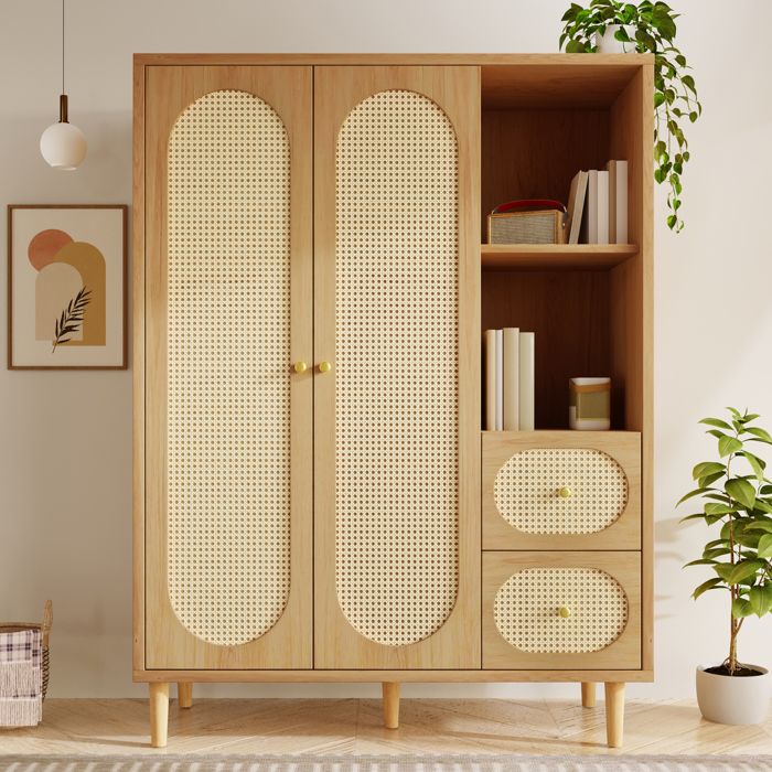 Armoire de chambre de style rustique 161 x 120 x 44 cm en bois avec 2 portes 2 tiroirs étagères ouvertes et tringle à vêtements