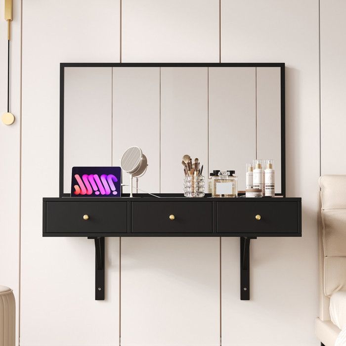 Bladez - Meuble coiffeuse mural avec 3 tiroirs + miroir + prise électrique + fente pour cartes et porte-gobelet + 100×105×45cmNoir