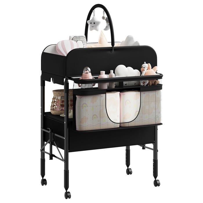 Table à langer bébé - LUNSY - Hauteur réglable 97 5-105 cm - Design pliable - 4 roulettes verrouillables