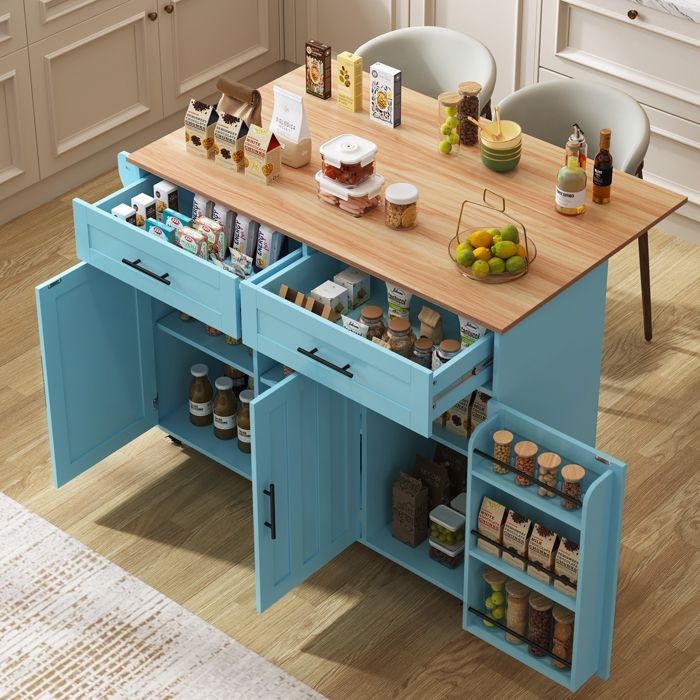 Desserte îlot de Cuisine sur roulettes - Meuble de Cuisine avec Plans de Travail Rabattable - Porte-torchons -129x71x91.5cm- bleue