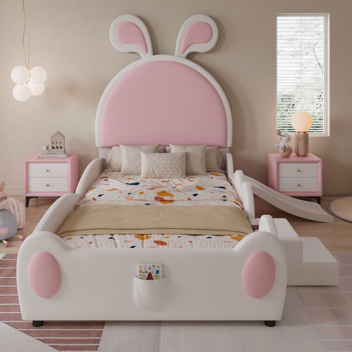 Lit Combiné Enfant Lapin 90x200 cm Tête Oreilles Lapin Échelle + Toboggan Rangement Latéral PU，Blanc et Rose