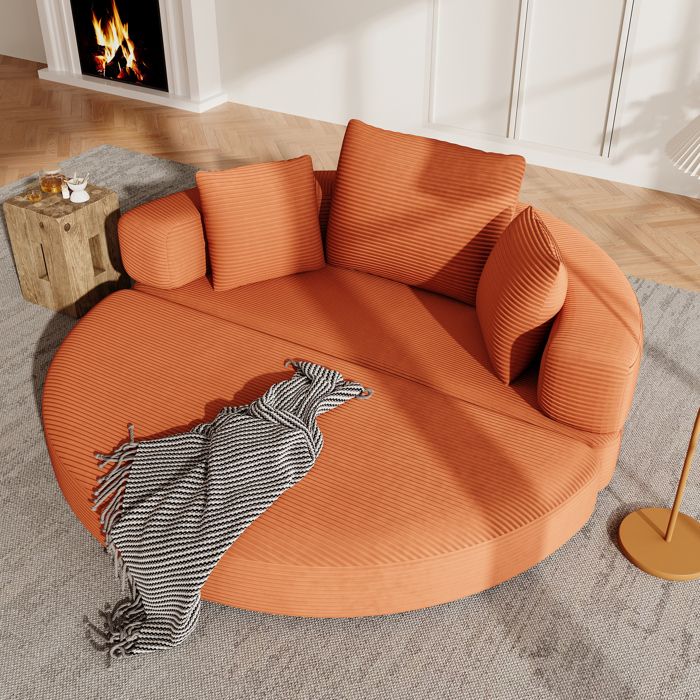 Canapé convertible boneless 173x176 cm en velours côtelé lit ovale modulable avec coussins pour salon chambre appartement orange