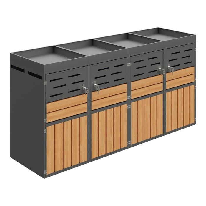 Cache-conteneur Gris 264x80x128cm acier Galvanisé 4 Compartiments jardinière ventilation Persiennes chaîne Sécurité sans Poubelle