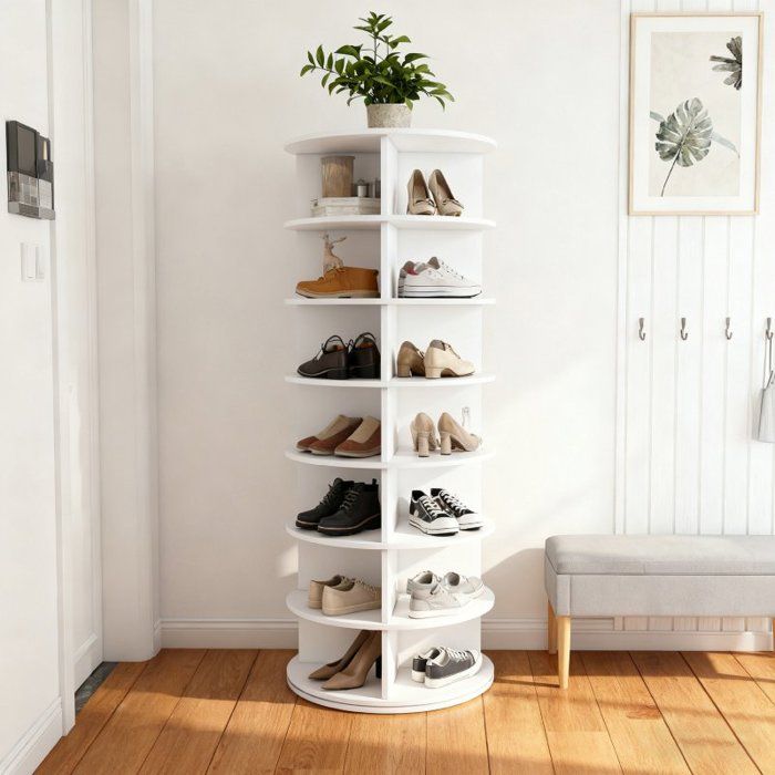 Tour range-chaussures rotative 7 niveaux 360° – meuble blanc gain de place pour 28 paires autoportant 60×60×161 cm