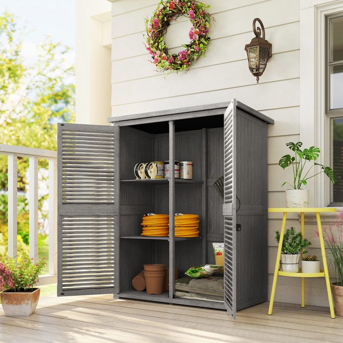 Armoire de jardin - 127x65x168 cm - Toit feutre bitumé imperméable - 2 étagères & côté ouvert - Bois de sapin gris