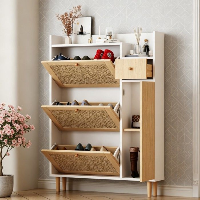 Meuble à chaussures - Décor Blanc et chêne - 9-12 paires - Style scandinave - avec Étagères et Tiroir