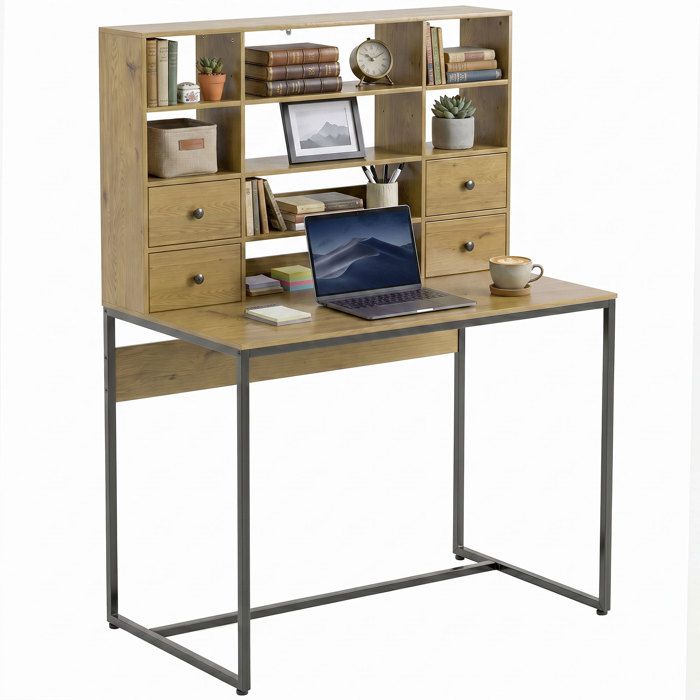 Bureau dordinateur - HOMCOM - 4 tiroirs - étagères de rangement - bois - 105 x 60 x 142 cm - bois naturel