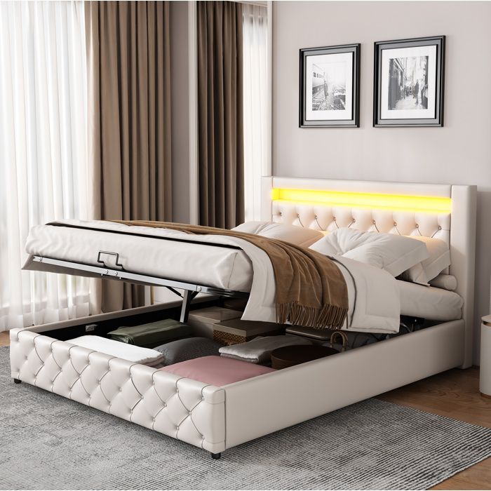 Lit coffre rembourré 140 x 190 cm blanc en PU avec sommier à lattes rangement hydraulique et LED