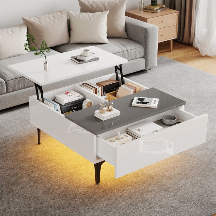 COVREO Table basse relevable 70 x 70 cm avec rangement caché 1 tiroir LED RGB MDF blanc et gris
