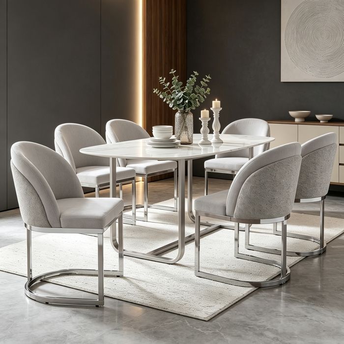 Lot de 6 Chaises de Salle à Manger Chaise de Cuisine Rembourrée en Tissu Chenille Pieds de Chaise Galvanisés en Argent Gris+Argent