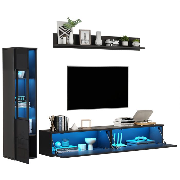 Ensemble mural TV LED noir haute brillance 3 pièces: meuble TV vitrine étagère compatible TV 80 pouces