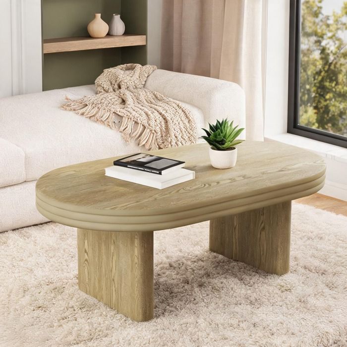 Table basse ovale mid-century en MDF et placage bois 120x60x41.5 cm teinte naturelle chaude pour salon ou bureau