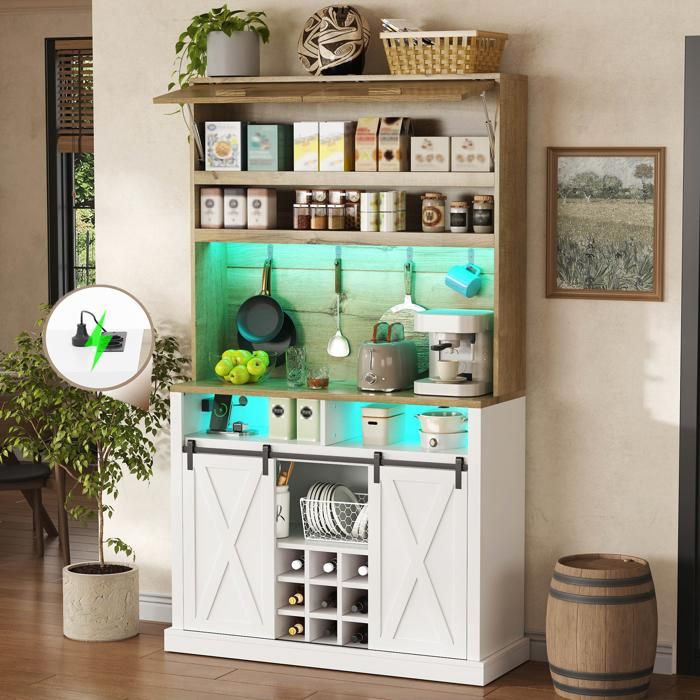 WUVRIE Armoire de cuisine 191 cm avec LED RGB prise intégrée crochets casier à bouteilles MDF blanc et naturel