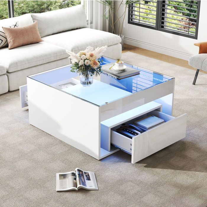 VUENOR Table basse carree 70 x 70 x 35 cm blanche MDF verre trempe LED USB 2 tiroirs