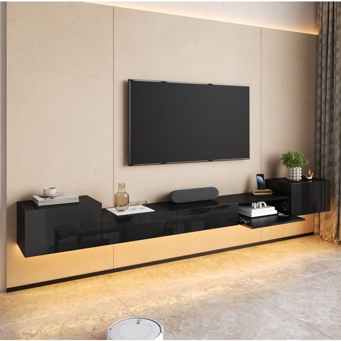 Meuble TV mural suspendu EVRYAE 245 x 30 x 26 cm avec 5 portes LED multicolore passe-câbles noir brillant