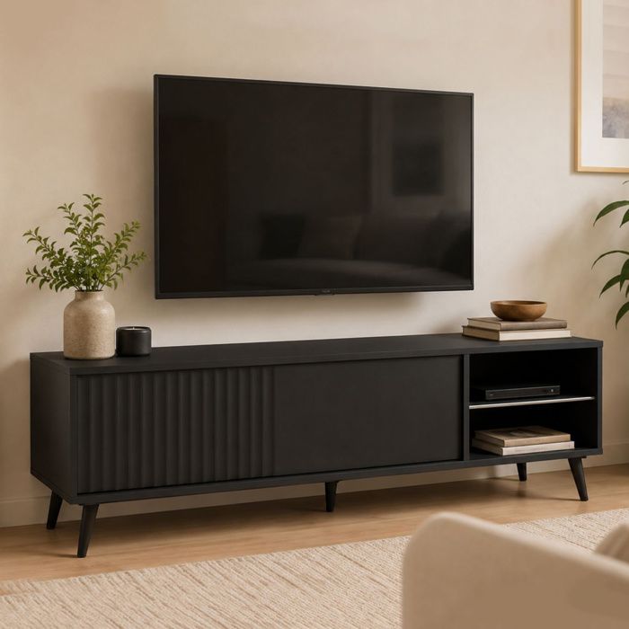 Meuble TV Lilemi Dmora en Bois Aggloméré Noir 135x40x48h cm Meuble TV Lilemi Dmora en Bois Aggloméré Noir 135x40x48h cm