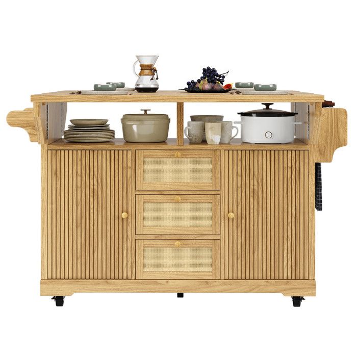 Chariot de cuisine pliable ergonomique rangement tiroirs rotin PE chariot roulant mobile pour balcon brun naturel 142 5x40-80x95cm