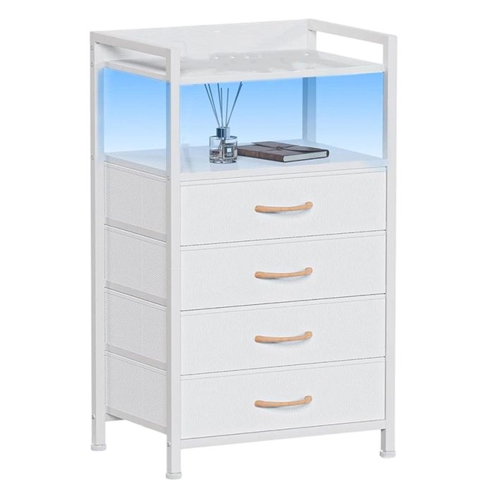 Table de chevet - haute 4 tiroirs tissu avec étagère supérieure – Rangement pratique chambre salon entrée – Blanc