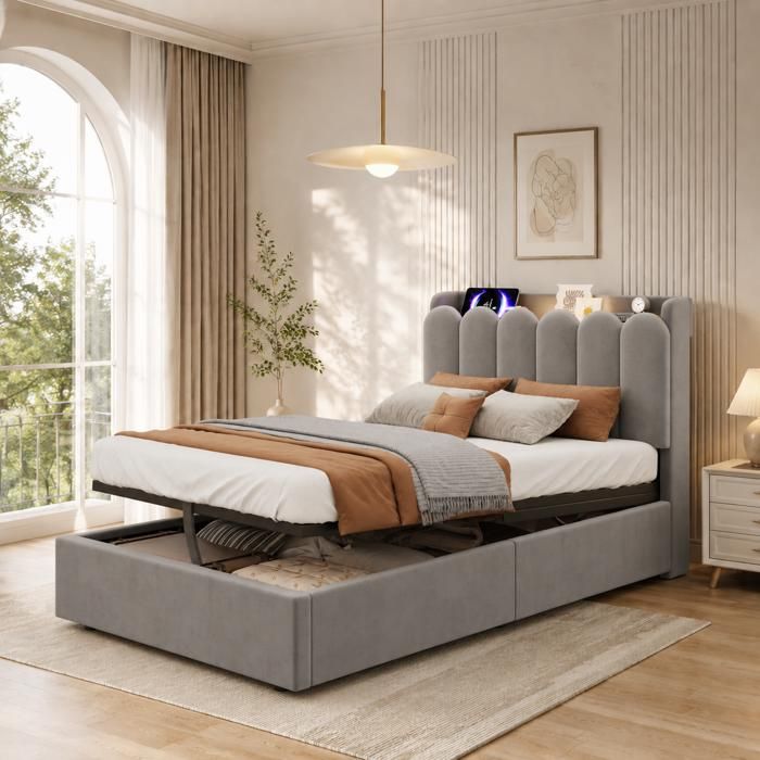 Lit simple coffre - MERAX - 90x200 cm - Velours beige - Tête de lit multifonction LED - Ports USB/USB-C Lit simple coffre - MERAX - 90x200 cm - Velours beige - Tête de lit multifonction LED - Ports USB/USB-C