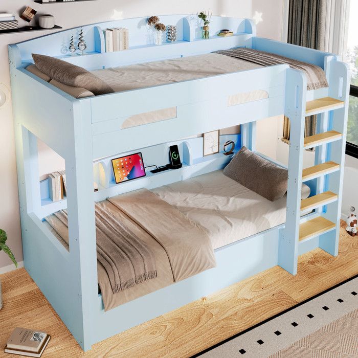 Lit Superposé Enfant 90x200 avec rangement sous le lit et prise USB Lit mezzanine avec rangement au-dessus et en dessous Bleu Clair