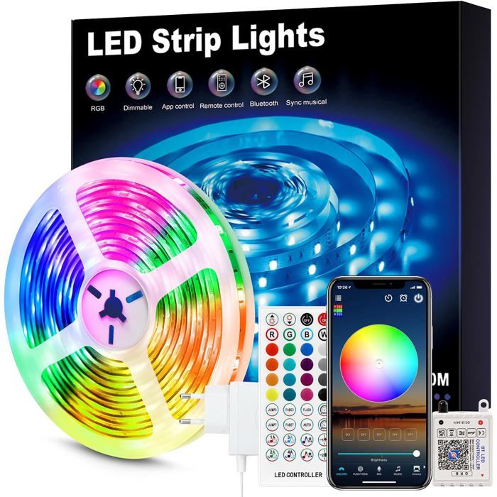 Ruban LED 24V 10 m RGB 5050 connecté Bluetooth télécommande 40 touches éclairage chambre plafond mur gaming fêtes (1 x 10 m)