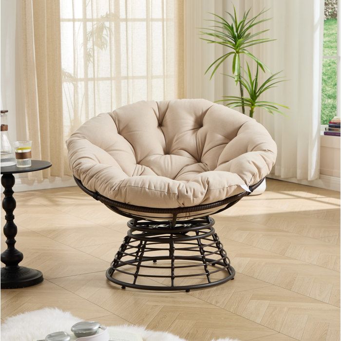 Fauteuil papasan pivotant 360° avec coussin épais - BEAUNIV - structure en acier rotin PE tissu beige