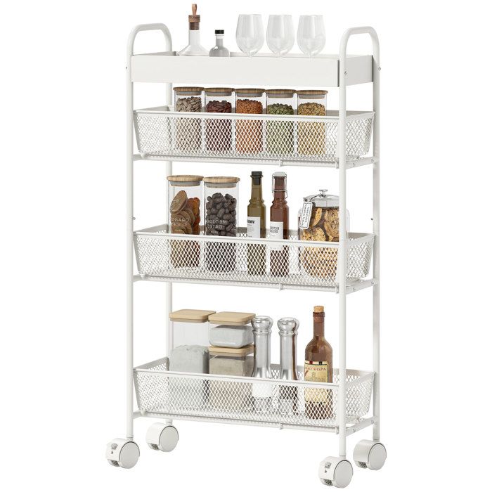 Desserte de Cuisine - Chariot Rangement Roulettes 3 Paniers Coulissants - 43 2 x 19 x 80 cm - Blanc