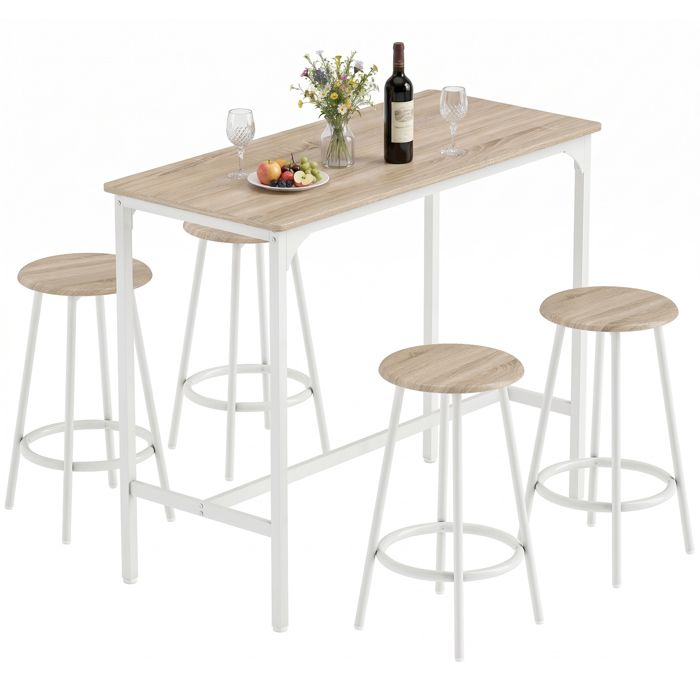 Ensemble bar industriel – 1 table + 4 tabourets – Style bois et blanc – Pour cuisine et salon – 110x50 cm