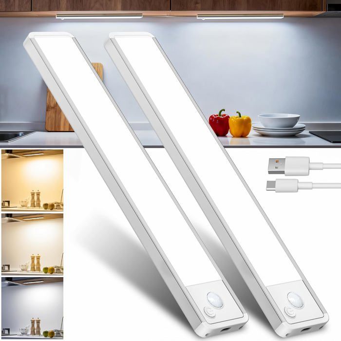 Réglette LED Sans Fil Sous Meuble Détecteur de Mouvement Rechargeable USB Aimantée Autocollante pour Placard et Armoire